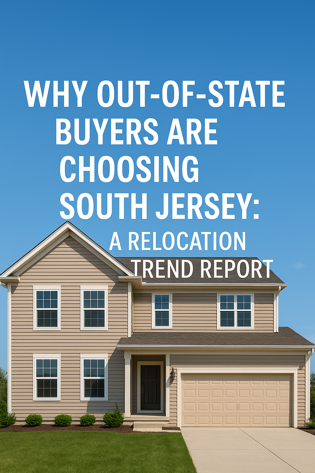 Modern two-story South Jersey suburban home with tan siding and an attached garage, set against a clear blue sky, overlaid with the text: Why Out-of-State Buyers Are Choosing South Jersey: A Relocation Trend Report