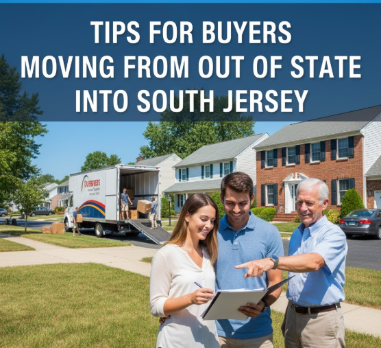 South Jersey neighborhood with moving truck and buyers reviewing documents, South Jersey neighborhood with moving truck and buyers reviewing documents, overlaid with the text: “TIPS FOR BUYERS MOVING FROM OUT OF STATE INTO SOUTH JERSEY”: “TIPS FOR BUYERS MOVING FROM OUT OF STATE INTO SOUTH JERSEY”