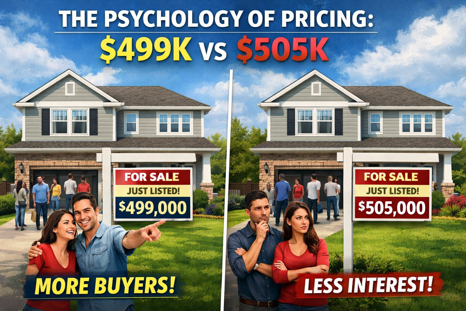 South Jersey home with “For Sale” sign showing a price of $499K vs $505K, illustrating the impact of pricing psychology on buyer behavior with Overlay Text: “THE PSYCHOLOGY OF PRICING: $499K VS $505K”
