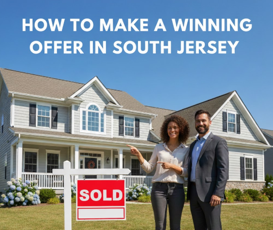 South Jersey home with a “Sold” sign and a couple with their agent, set against a clear blue sky, overlaid with the text: “HOW TO MAKE A WINNING OFFER IN SOUTH JERSEY” 