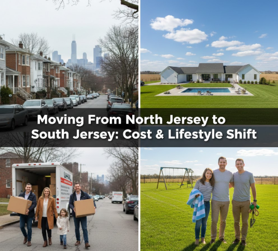 Family relocating from North Jersey to South Jersey, highlighting suburban homes and lifestyle change.overlaid with the text: “Moving From North Jersey to South Jersey: Cost & Lifestyle Shift”