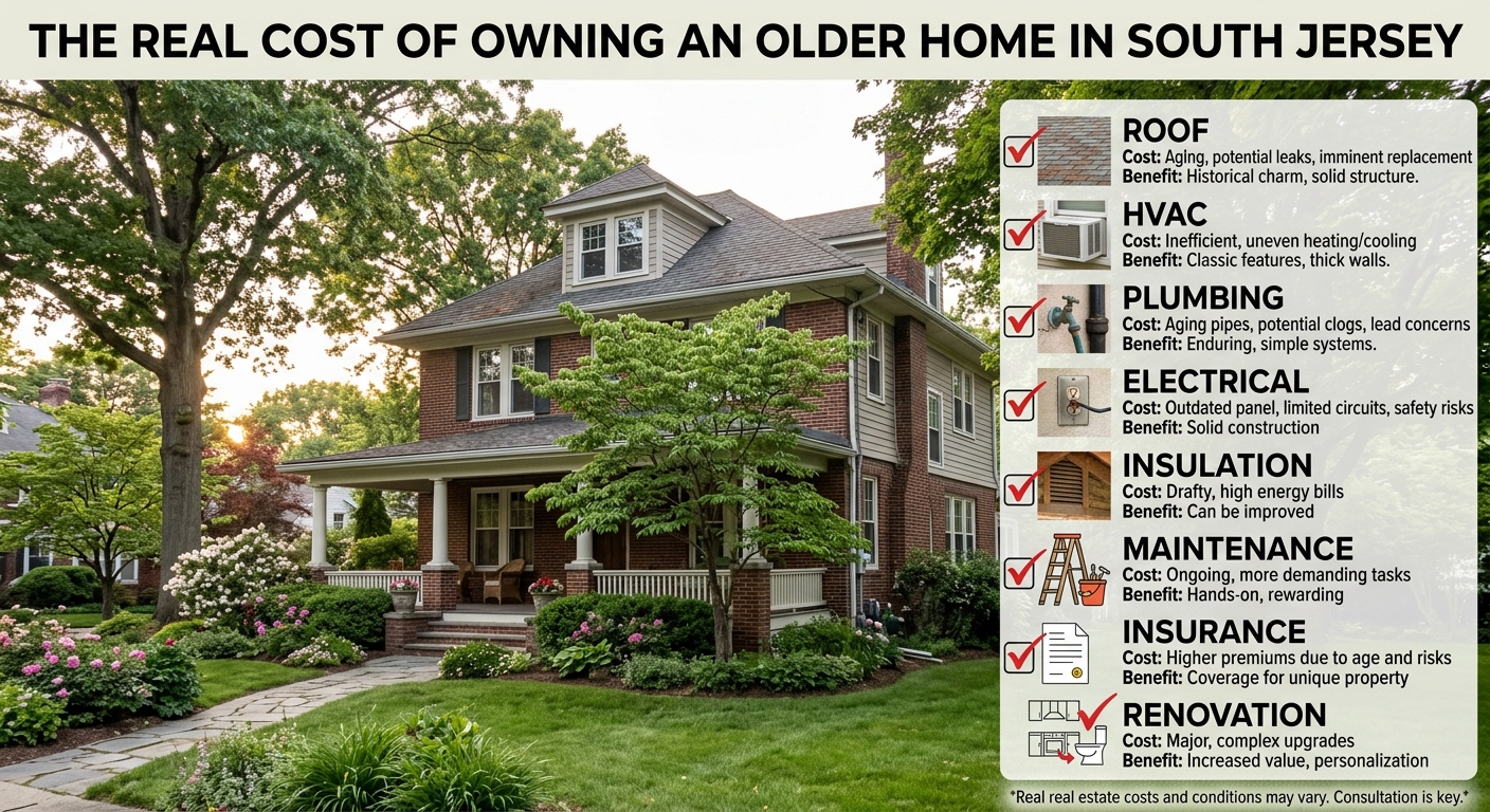  Established older South Jersey home with mature trees and landscaping alongside a visual checklist showing roof, HVAC, plumbing, electrical, insulation, maintenance, insurance, and renovation considerations, illustrating the true costs and benefits of owning an older property, overlaid with the title: “The Real Cost of Owning an Older Home in South Jersey.” 