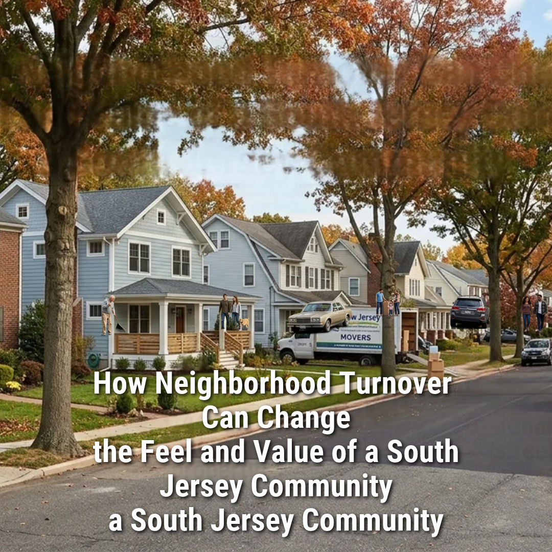   South Jersey residential neighborhood showing a mix of longtime homes, recently renovated properties, new residents, mature trees, and changing streetscape, illustrating how neighborhood turnover can change the feel and value of a community, overlaid with the text: “How Neighborhood Turnover Can Change the Feel and Value of a South Jersey Community”