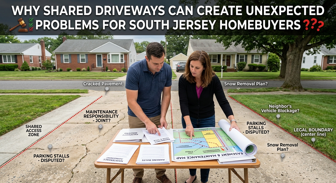 South Jersey homebuyer reviewing renovation plans, building permits, inspection documents, and property records while viewing a remodeled home overlaid with the text: “What Happens When a South Jersey Home Has Unpermitted Renovations?”
