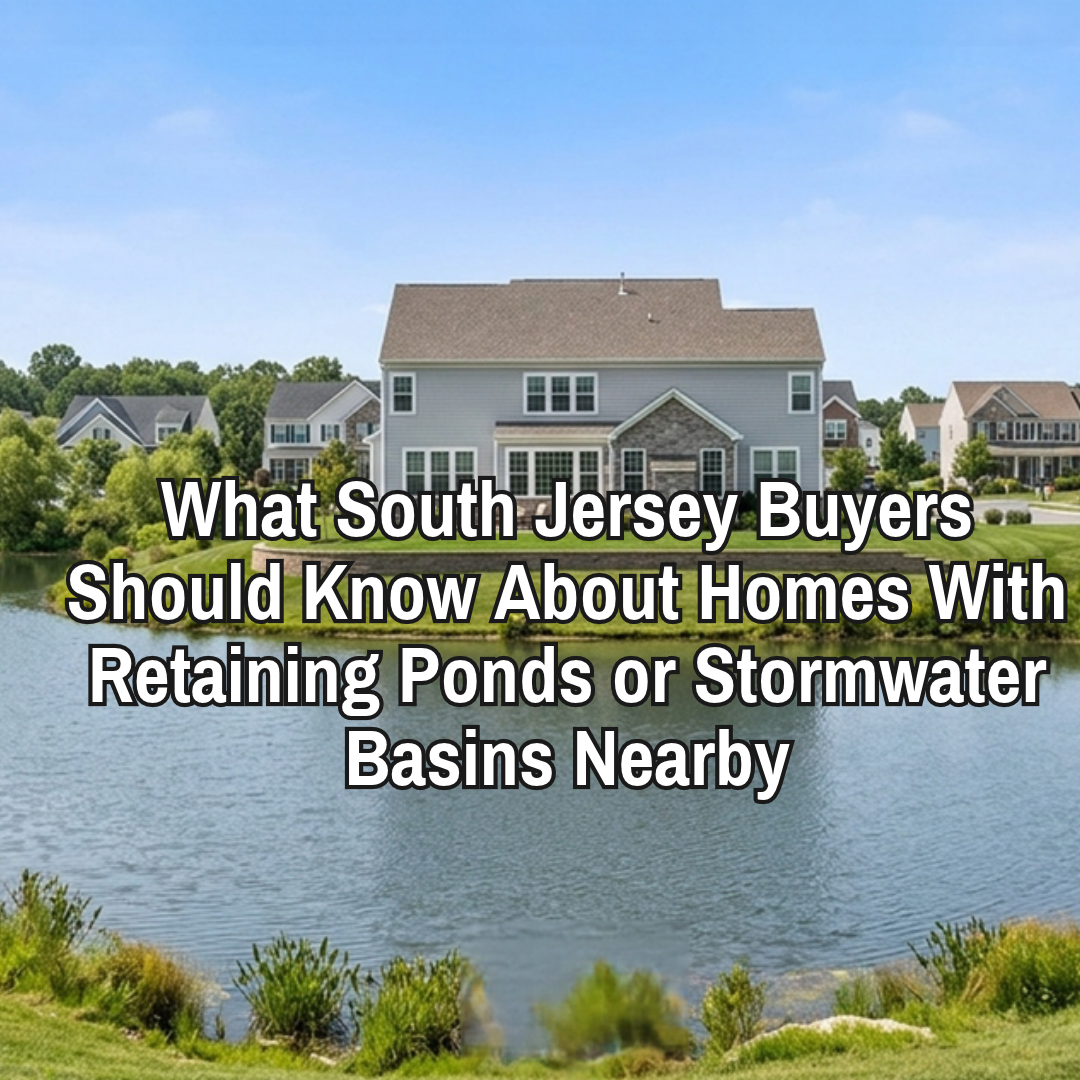 A South Jersey home overlooking a landscaped stormwater basin with grassy banks and surrounding residential properties, illustrating the drainage, maintenance, safety, and flood-risk considerations buyers should understand before purchasing, overlaid with the text: “What South Jersey Buyers Should Know About Homes With Retaining Ponds or Stormwater Basins Nearby.” 