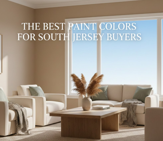 Staged living room in a South Jersey home with neutral wall colors and soft accents,set against a clear blue sky, overlaid with the text: “THE BEST PAINT COLORS FOR SOUTH JERSEY BUYERS”