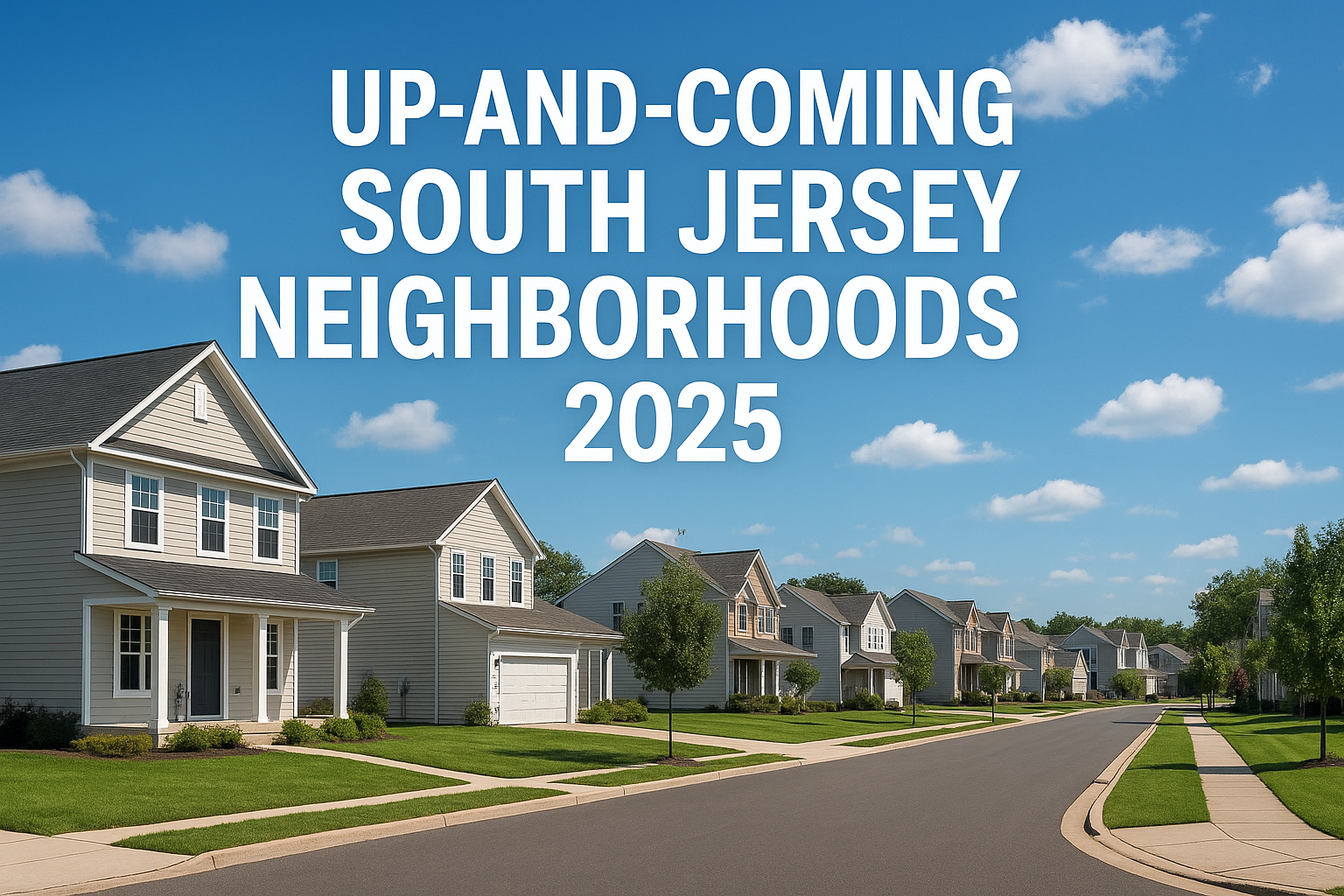 A South Jersey suburban street with a blend of new and existing homes under bright sky, overlaid with the text: “UP‑AND‑COMING SOUTH JERSEY NEIGHBORHOODS 2025