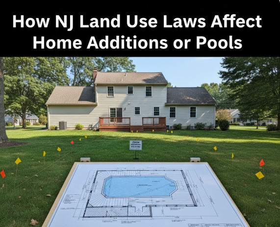 A suburban New Jersey home with a backyard showing a proposed pool and deck plan, along with zoning markers overlaid with text: How NJ Land Use Laws Affect Home Additions or Pools