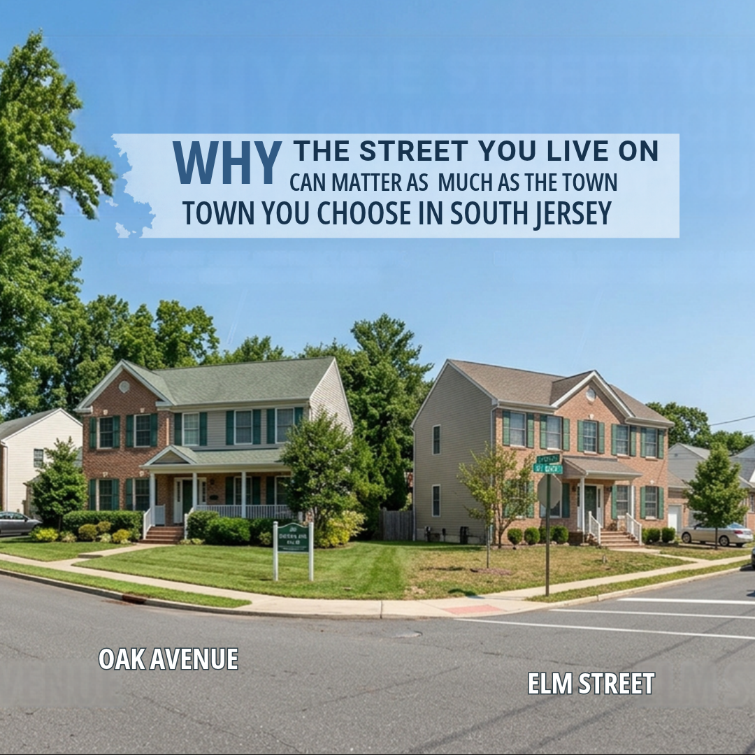 South Jersey residential street with two similar homes showing differences in traffic, parking, mature trees, privacy, and surrounding properties, illustrating why the specific street can matter as much as the town when choosing a home, overlaid with the text: “Why the Street You Live On Can Matter as Much as the Town You Choose in South Jersey”