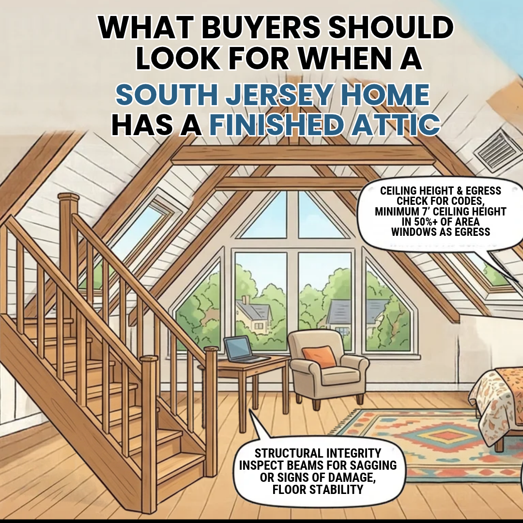 Finished attic inside a South Jersey home with sloped ceilings, bedroom-style furnishings, stairs, windows, insulation details, and comfortable living space, illustrating what buyers should inspect before purchasing a home with a finished attic, overlaid with the text: “What Buyers Should Look for When a South Jersey Home Has a Finished Attic”