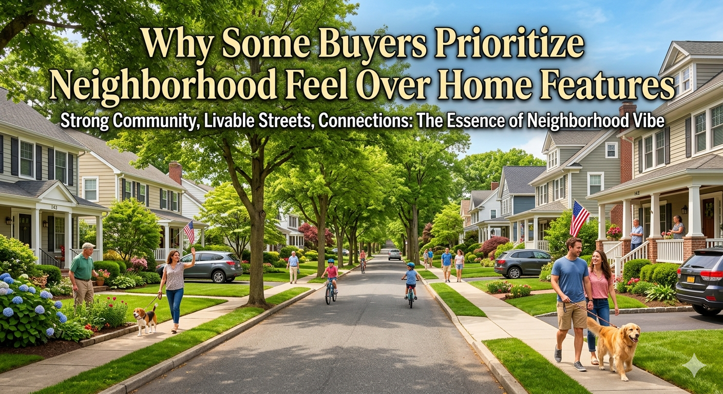  Tree-lined New Jersey neighborhood street with well-maintained homes, sidewalks, and residents walking dogs, showing a strong community feel and livable environment, overlaid with the text: “Why Some Buyers Prioritize Neighborhood Feel Over Home Features”
