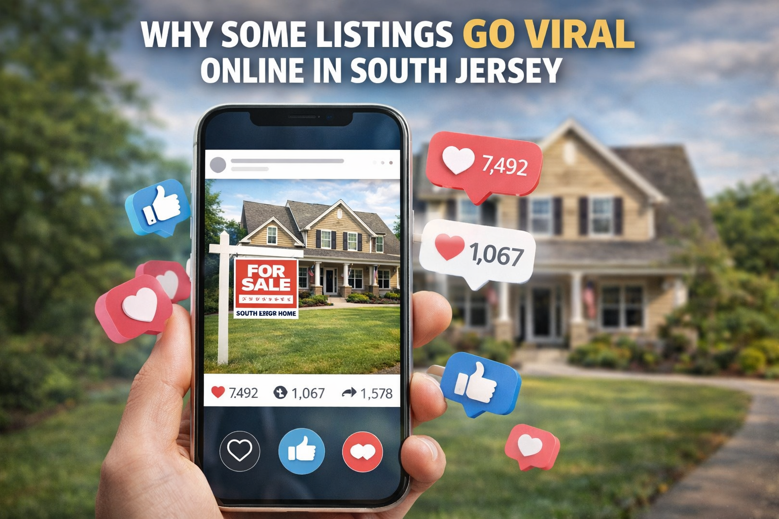 South Jersey home listing shown on a smartphone with high social media engagement, illustrating viral real estate marketing success with Overlay Text: “WHY SOME LISTINGS GO VIRAL ONLINE IN SOUTH JERSEY”