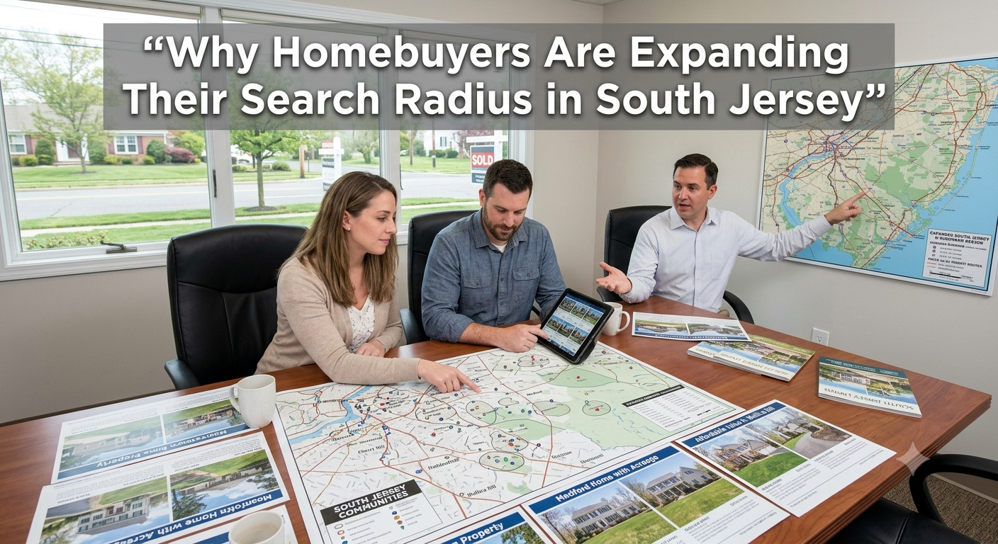 A South Jersey couple reviewing neighborhood maps and home listings across multiple communities while discussing different locations with a real estate agent, illustrating why homebuyers are expanding their search radius in South Jersey, overlaid with the text: “Why Homebuyers Are Expanding Their Search Radius in South Jersey.” 