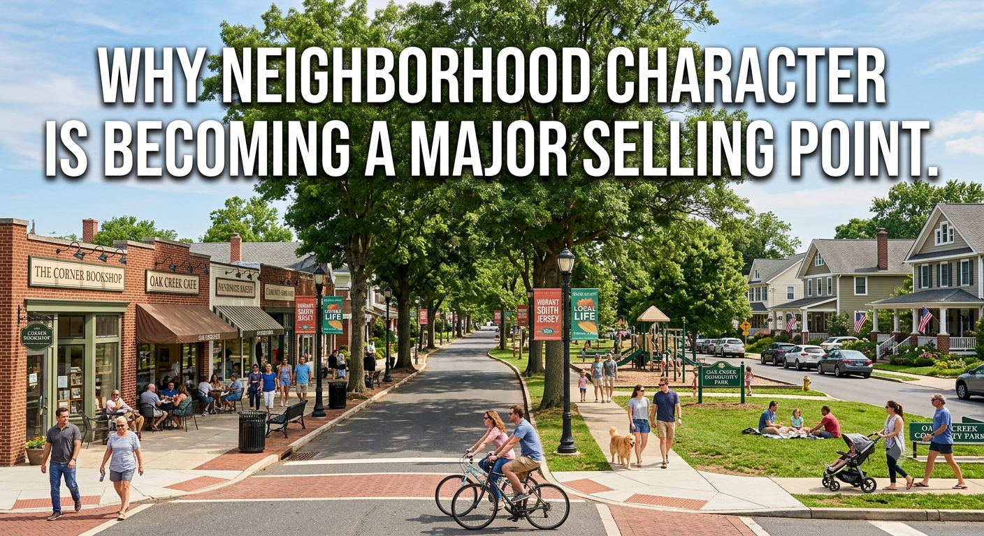 A charming South Jersey neighborhood with tree-lined streets, local shops, parks, and residents enjoying community spaces, illustrating why neighborhood character has become a major selling point for today's homebuyers, overlaid with the text: “Why Neighborhood Character Is Becoming a Major Selling Point.”