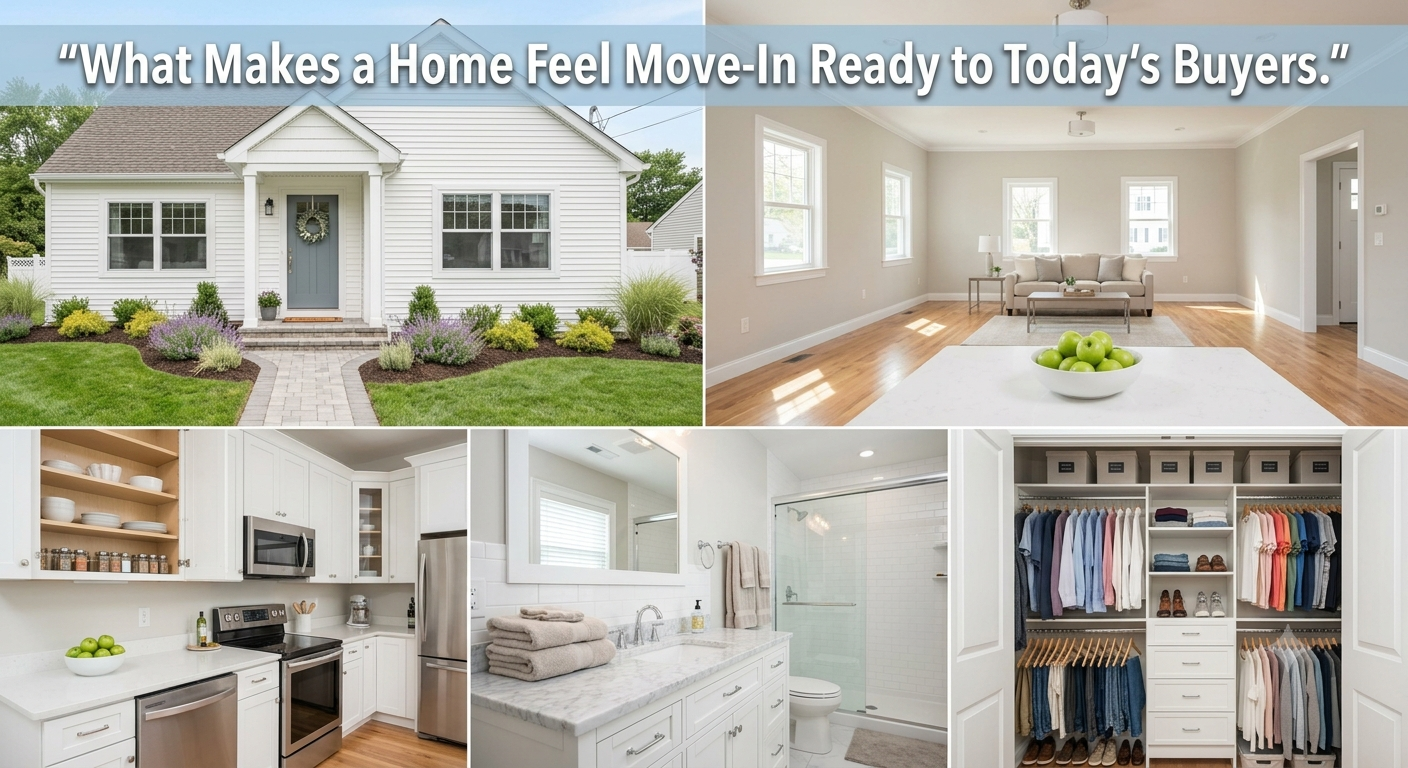 A bright, spotless South Jersey home featuring fresh neutral paint, an organized kitchen, clean bathrooms, and welcoming curb appeal, illustrating what makes a home feel move-in ready to today's buyers, overlaid with the text: “What Makes a Home Feel Move-In Ready to Today's Buyers.