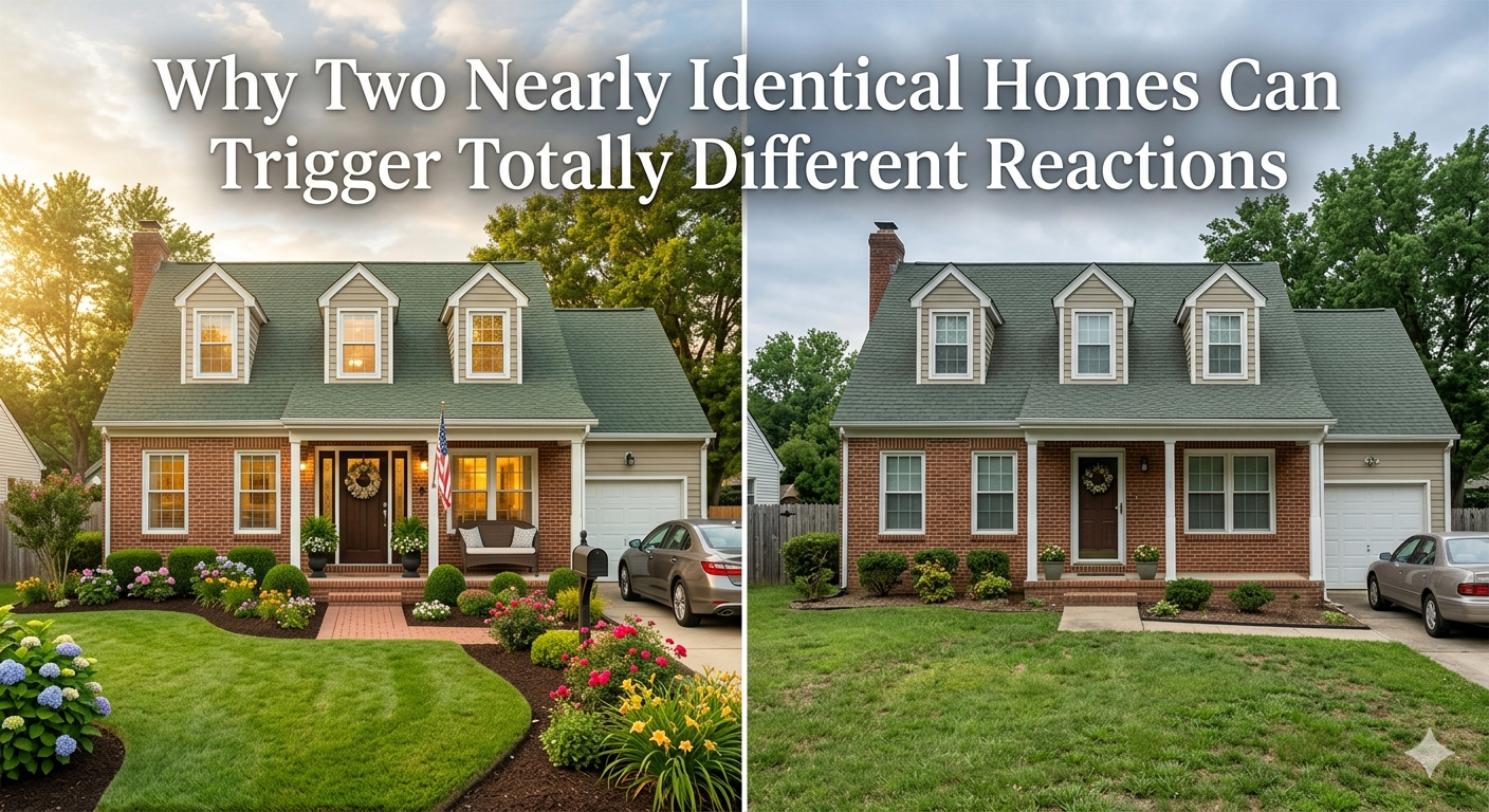  Side-by-side comparison of two nearly identical South Jersey homes with subtle differences in lighting, staging, and curb appeal, illustrating how buyers can have completely different emotional reactions to similar properties, overlaid with the text: “Why Two Nearly Identical Homes Can Trigger Totally Different Reactions” 