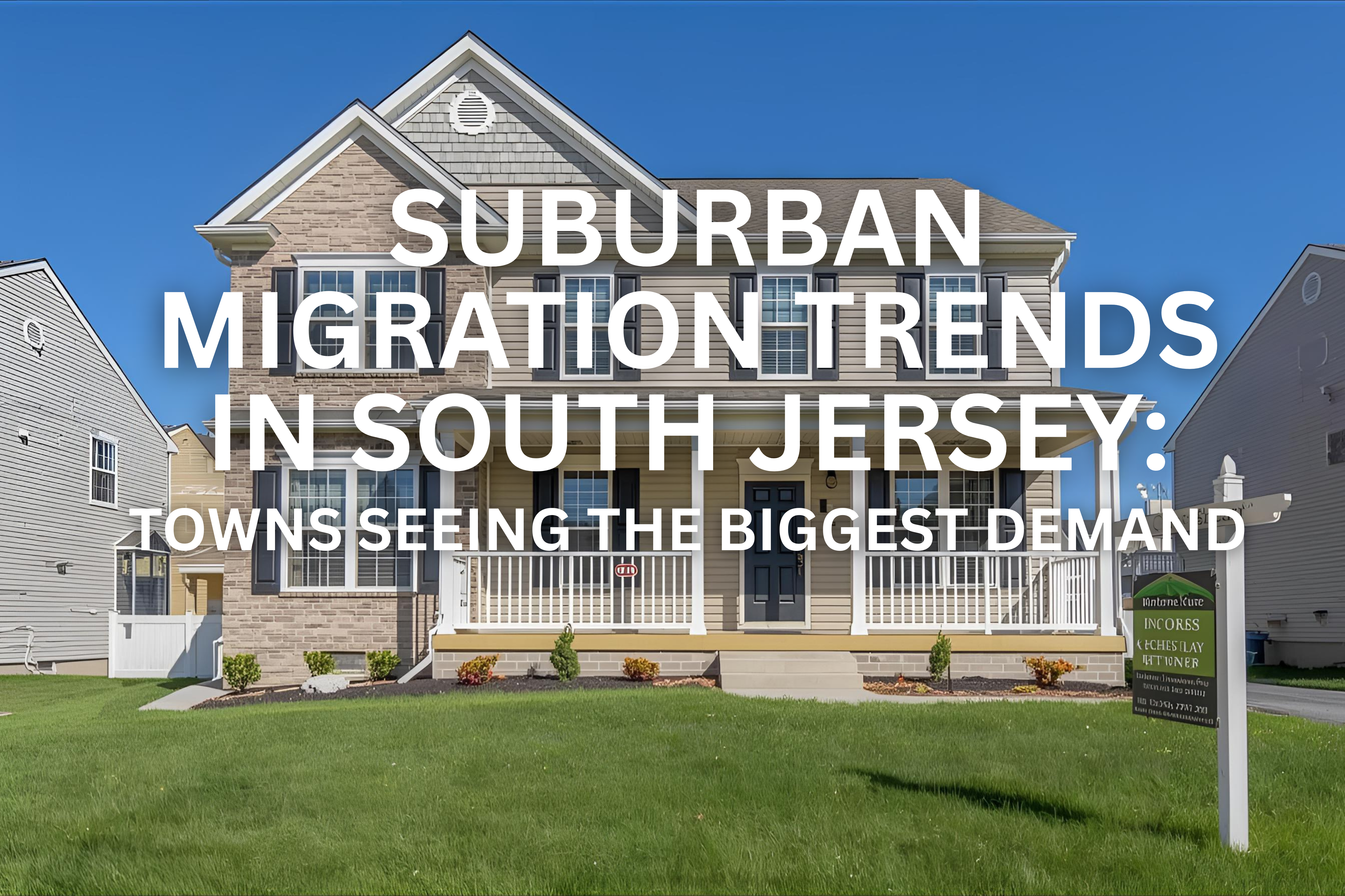 New construction two-story South Jersey suburban home with stone and siding accents, set against a bright blue sky with a real estate sign in the foreground, overlaid with the text: 'SUBURBAN MIGRATION TRENDS IN SOUTH JERSEY: TOWNS SEEING THE BIGGEST DEMAND'