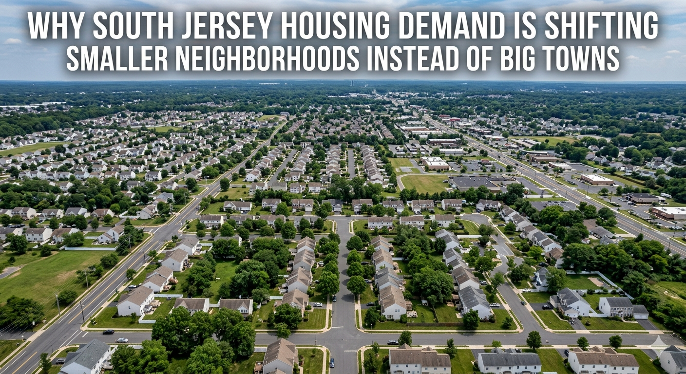 Aerial view of a small South Jersey residential neighborhood with tree-lined streets, clustered homes, and quiet community layout contrasting with a larger suburban town in the distance, overlaid with the text: “Why South Jersey Housing Demand Is Shifting Toward Smaller Neighborhoods Instead of Big Towns”