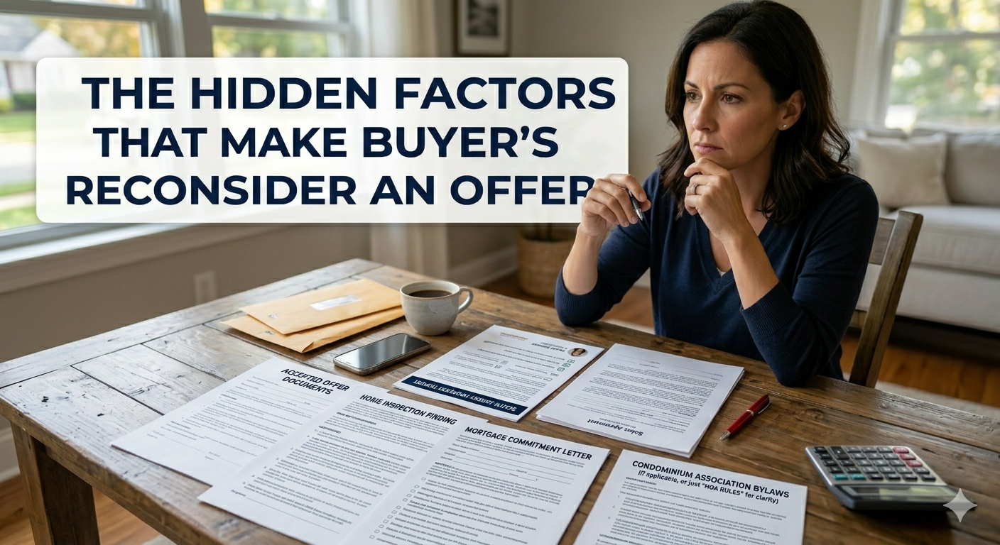 South Jersey real estate offer documents displayed on a table with a buyer appearing uncertain while reviewing paperwork, illustrating the psychological factors that can cause buyers to reconsider an accepted offer, overlaid with the text: “The Hidden Factors That Make Buyers Reconsider an Offer” 
