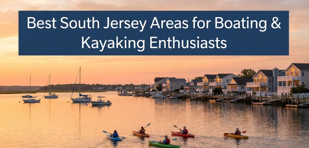 A scenic South Jersey river or bay with kayakers, boats, and waterfront homes in the background at sunrise overlaid with Best South Jersey Areas for Boating & Kayaking Enthusiasts
