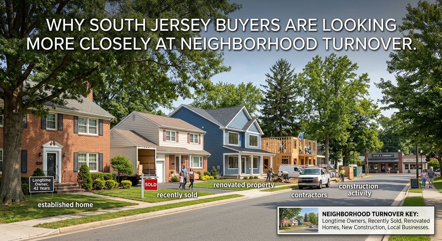 South Jersey neighborhood showing a mix of longtime homeowners, recently sold homes, renovated properties, new residents, mature trees, construction activity, and local businesses, illustrating how neighborhood turnover can reveal changing buyer demand and community trends, overlaid with the title: “Why South Jersey Buyers Are Looking More Closely at Neighborhood Turnover.”