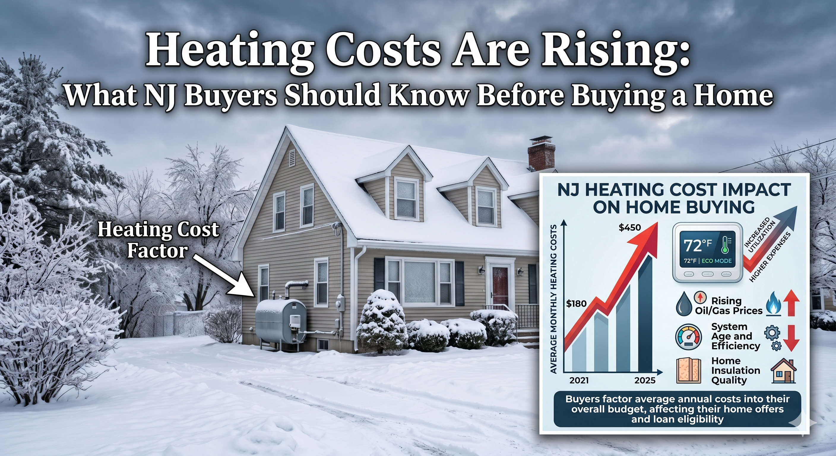 New Jersey home exterior in winter with visible heating system and snow-covered yard, alongside infographic-style overlay showing rising utility costs and thermostat settings, illustrating how heating expenses impact home buying decisions, overlaid with the text: “Heating Costs Are Rising: What NJ Buyers Should Know Before Buying a Home”