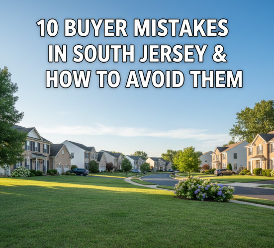 South Jersey suburban neighborhood with well-maintained homes and green lawns set against a clear blue sky, overlaid with the text: “10 BUYER MISTAKES IN SOUTH JERSEY & HOW TO AVOID THEM”