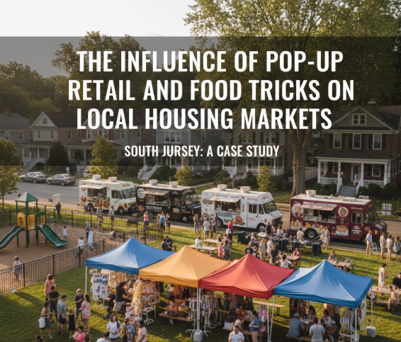 South Jersey neighborhood featuring pop-up retail and food trucks near residential homes, highlighting lifestyle and neighborhood vibrancy with Overlay Text: “THE INFLUENCE OF POP-UP RETAIL AND FOOD TRUCKS ON LOCAL HOUSING MARKETS”