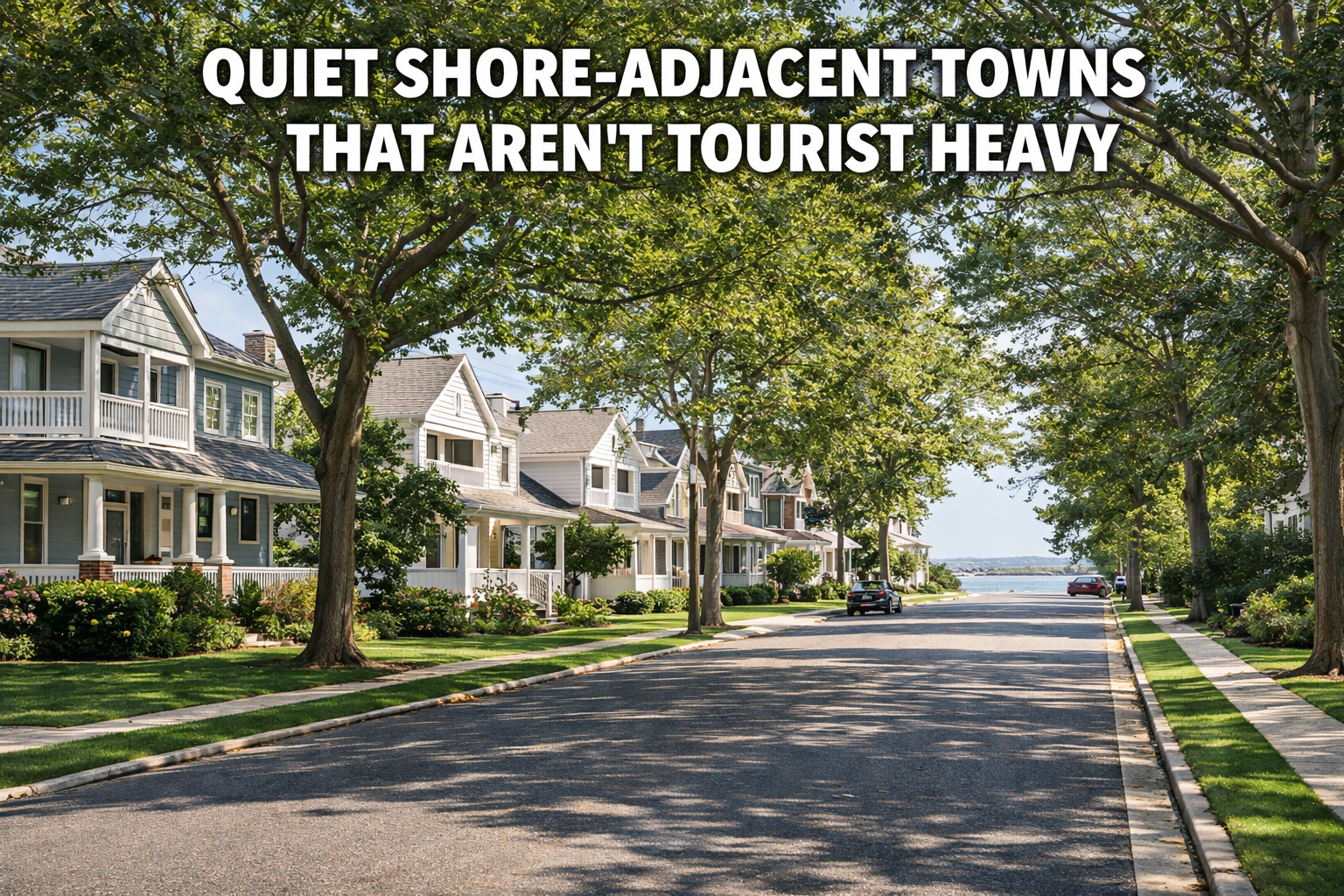 Quiet South Jersey shore-adjacent neighborhood with tree-lined streets and coastal homes, showcasing serene year-round living away from tourist traffic Overlay Text: “QUIET SHORE-ADJACENT TOWNS THAT AREN’T TOURIST HEAVY”