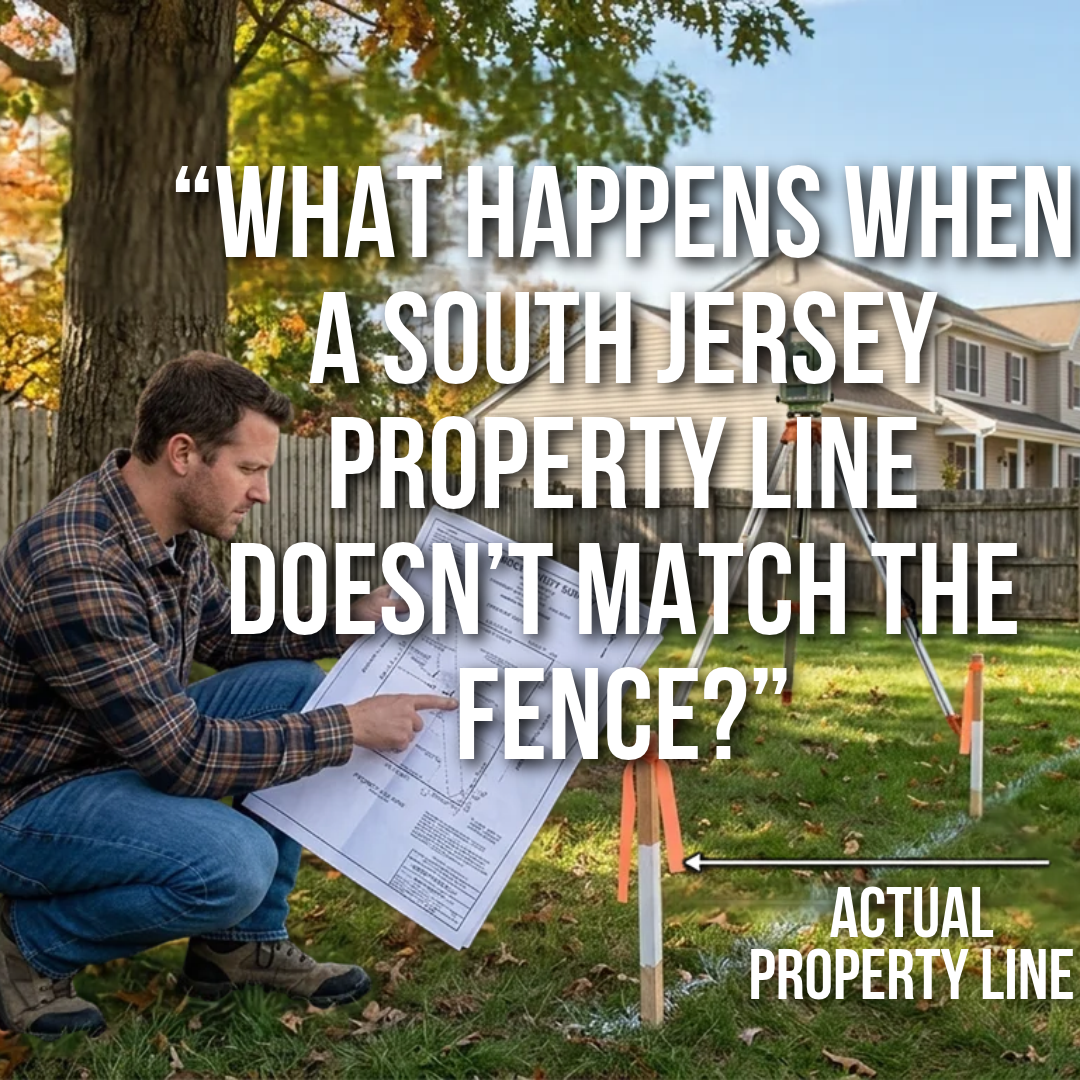 A South Jersey residential backyard with a wooden fence that appears misaligned with the surveyed property boundary, with a homebuyer reviewing a property survey and boundary markers, illustrating what buyers should do when a fence does not match the legal property line, overlaid with the exact title: “What Happens When a South Jersey Property Line Doesn’t Match the Fence? 