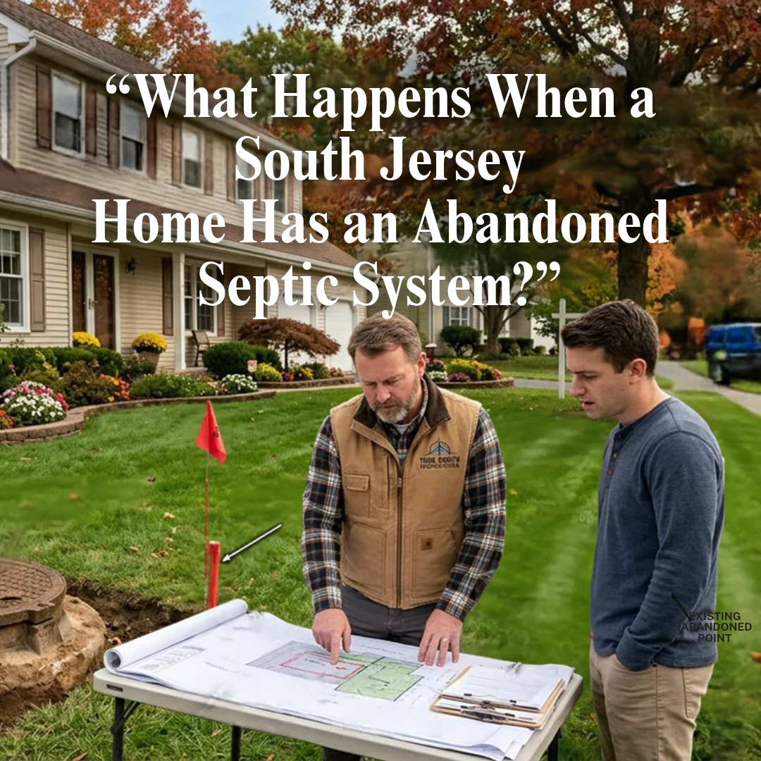 A South Jersey home with a landscaped yard and a marked underground septic tank location, alongside a property inspection professional reviewing site plans, illustrating what buyers should know about an abandoned septic system, overlaid with the text: “What Happens When a South Jersey Home Has an Abandoned Septic System?” 