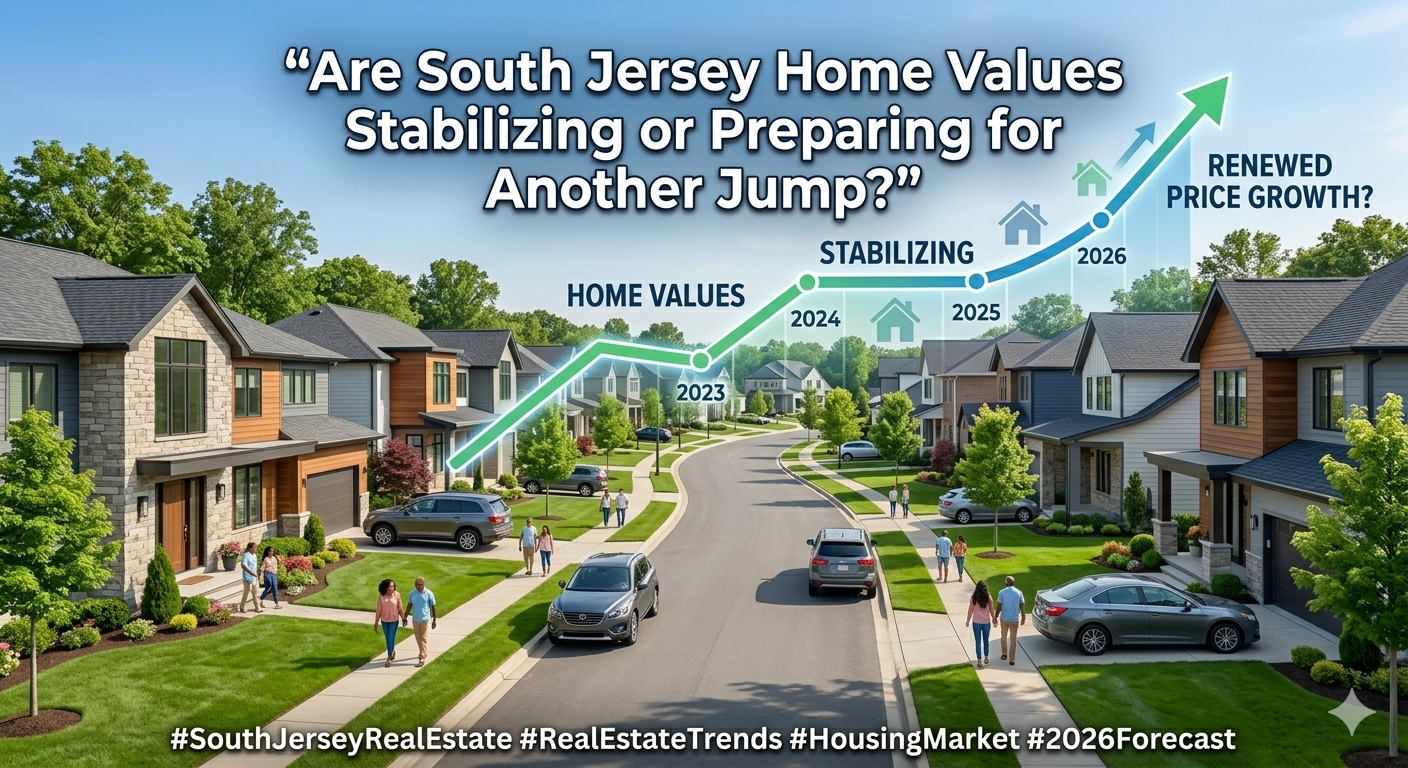 South Jersey suburban neighborhood with modern homes and steady market trend line graphics transitioning upward, symbolizing home values stabilizing while showing potential for renewed price growth, overlaid with the text: “Are South Jersey Home Values Stabilizing or Preparing for Another Jump?”