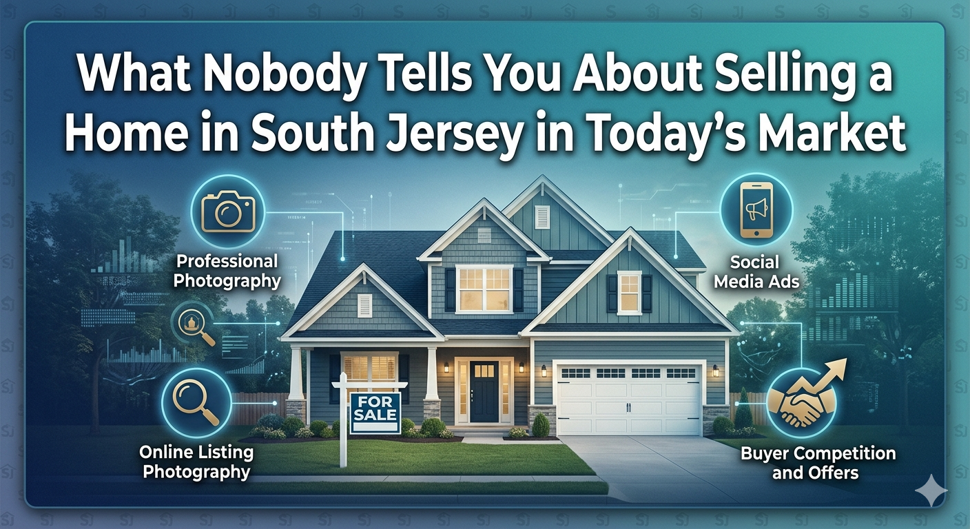 South Jersey home with a “For Sale” sign and digital marketing icons around it, illustrating modern home selling strategy and buyer competition, overlaid with the text: “What Nobody Tells You About Selling a Home in South Jersey in Today’s Market”