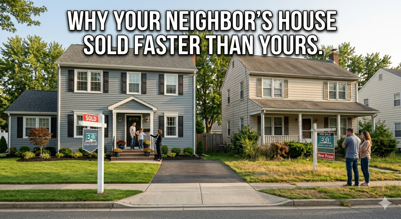 Two similar South Jersey houses side by side, one with a “Sold” sign and the other still on the market, illustrating why similar homes can sell at different speeds due to presentation, pricing, and buyer perception, overlaid with the text: “Why Your Neighbor’s House Sold Faster Than Yours”
