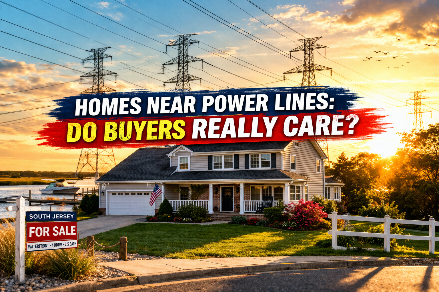 South Jersey home with visible power lines in the background, illustrating buyer concerns and property value considerations with Overlay Text: “HOMES NEAR POWER LINES: DO BUYERS REALLY CARE?”