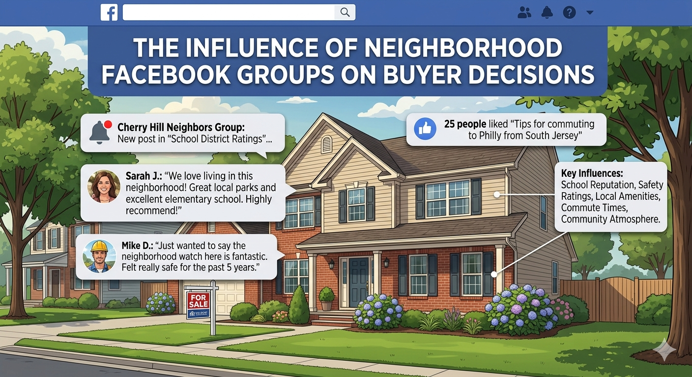 South Jersey home with Facebook group notification overlay, illustrating how online neighborhood communities influence buyer decisions with Overlay Text: “THE INFLUENCE OF NEIGHBORHOOD FACEBOOK GROUPS ON BUYER DECISIONS”