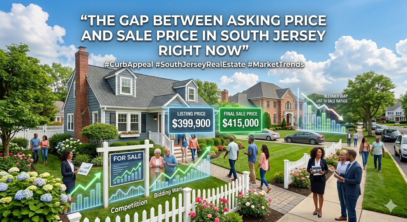 South Jersey home with price tags showing asking price and final sale price, surrounded by buyer activity and market trend graphics, illustrating the changing gap between list and closing prices in today’s housing market, overlaid with the text: “The Gap Between Asking Price and Sale Price in South Jersey Right Now”