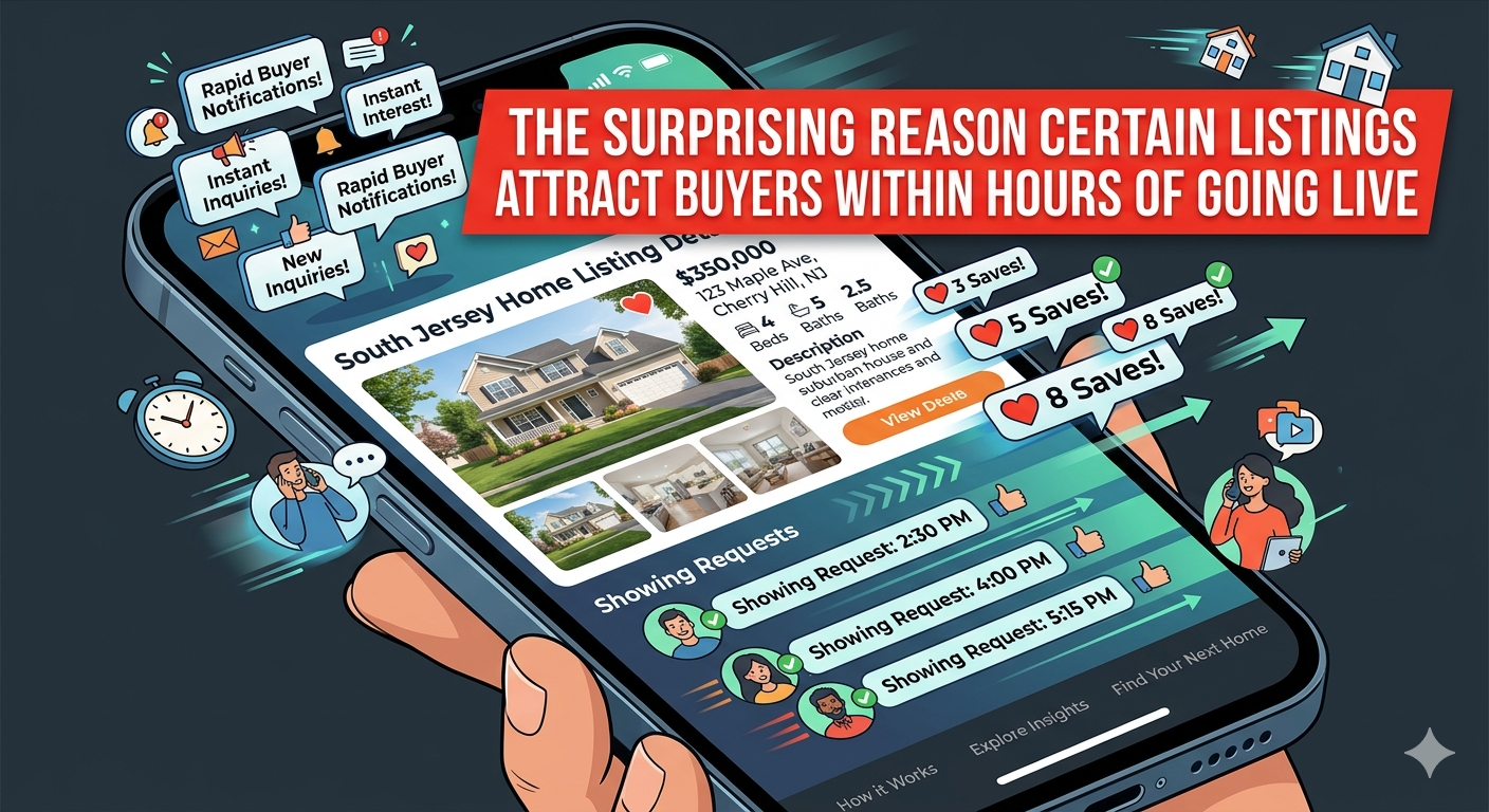 South Jersey home listing displayed on a smartphone screen with rapid buyer notifications, saved listing icons, and showing requests appearing instantly, symbolizing homes attracting buyers within hours of going live, overlaid with the text: “The Surprising Reason Certain Listings Attract Buyers Within Hours of Going Live”