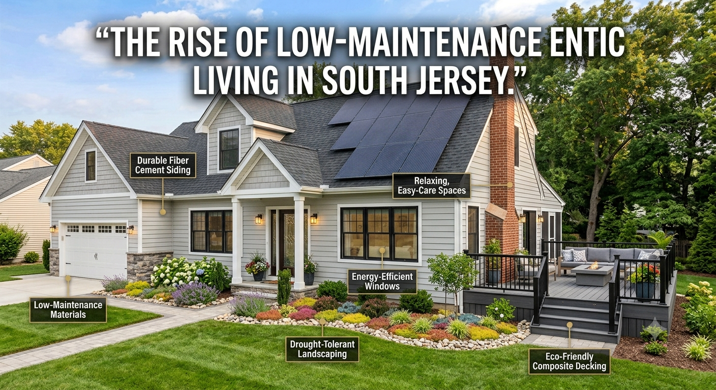 A modern low-maintenance South Jersey home featuring a small landscaped yard, energy-efficient design, updated exterior, and inviting outdoor patio, illustrating the growing popularity of low-maintenance living, overlaid with the text: “The Rise of Low-Maintenance Living in South Jersey.”