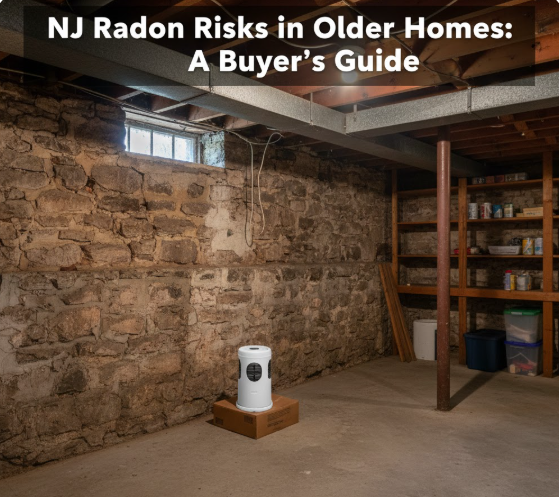 A New Jersey older home with a radon test kit placed in the basement near a foundation wall overlaid with text: NJ Radon Risks in Older Homes: A Buyer’s Guide
