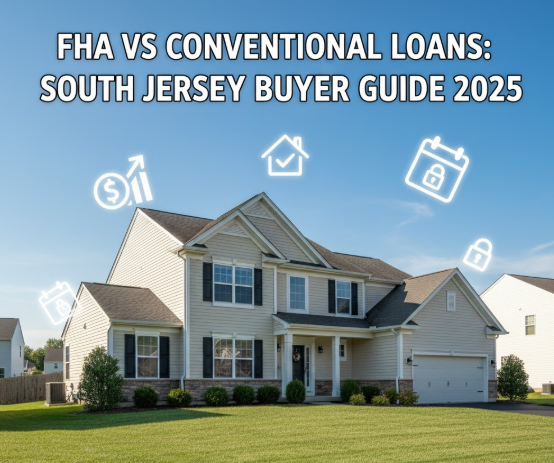 South Jersey suburban home with mortgage icons, set against a clear blue sky overlaid with the text: “FHA VS CONVENTIONAL LOANS: SOUTH JERSEY BUYER GUIDE 2025”