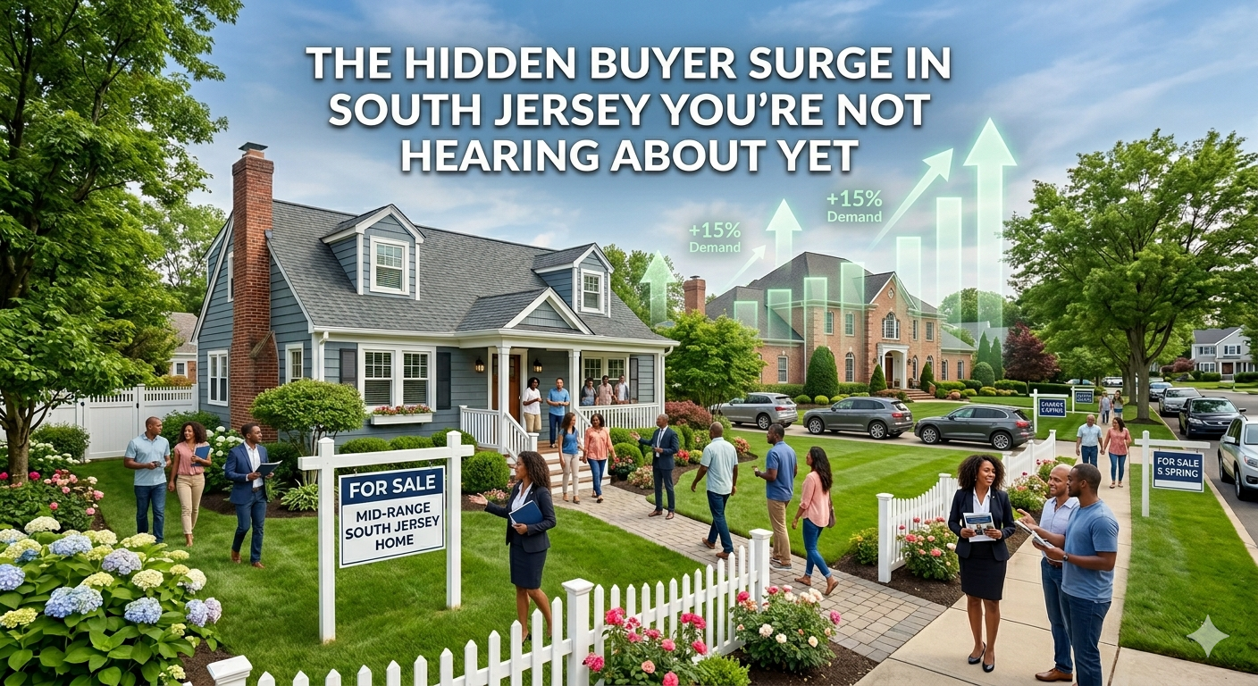 Busy South Jersey suburban neighborhood with multiple buyers touring homes and subtle upward market trend graphics, illustrating a quiet increase in buyer activity and housing demand, overlaid with the text: “The Hidden Buyer Surge in South Jersey You’re Not Hearing About Yet”