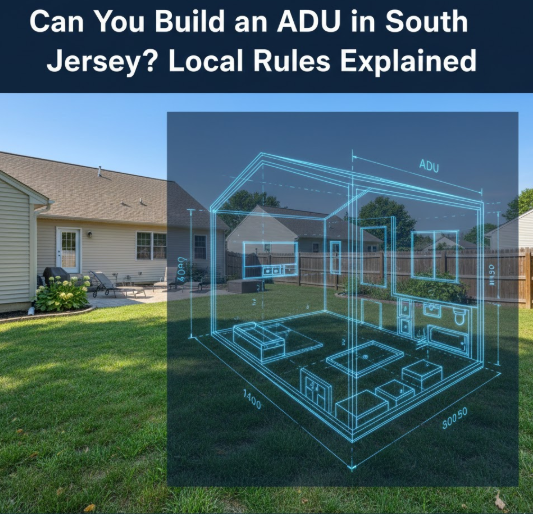 South Jersey home backyard with a conceptual ADU layout illustrating a small accessory dwelling unit. WITH OVERLAID TEXT: Can You Build an ADU in South Jersey? Local Rules Explained