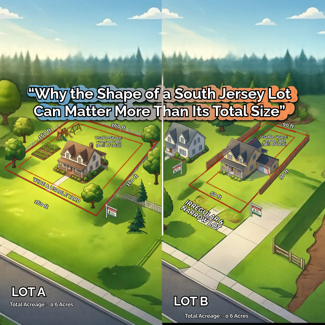 Two South Jersey residential lots with similar total acreage but different shapes, showing one wide and usable yard and another narrow irregular lot with limited usable space, illustrating why lot shape can matter more than total size, overlaid with the text: “Why the Shape of a South Jersey Lot Can Matter More Than Its Total Size”