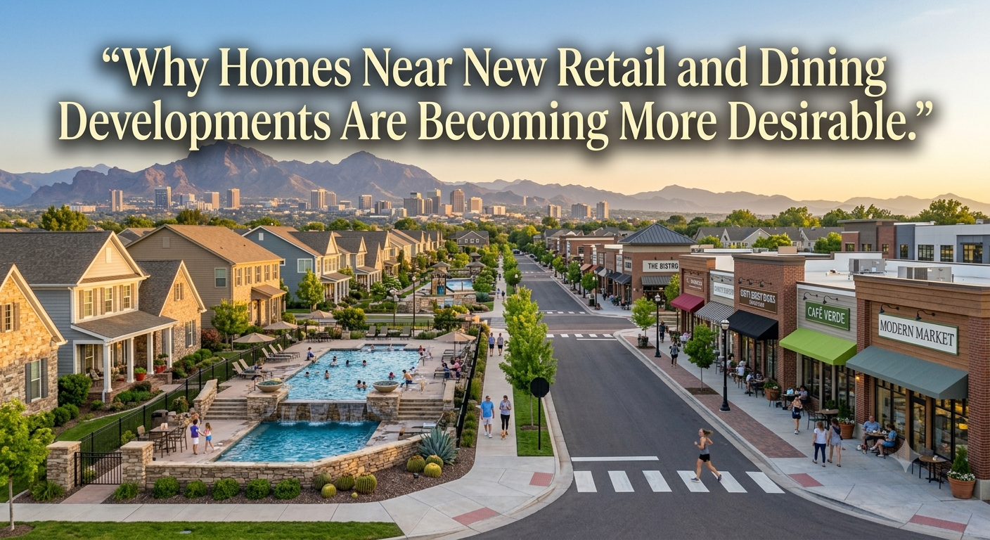 A South Jersey neighborhood located near modern retail shops, restaurants, cafés, and walkable streets, illustrating why homes near new retail and dining developments are becoming more desirable, overlaid with the text: “Why Homes Near New Retail and Dining Developments Are Becoming More Desirable.” 