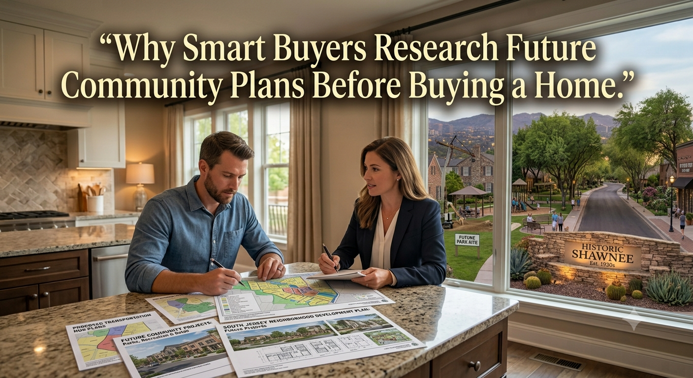 A South Jersey homebuyer reviewing neighborhood development plans, maps, and future community projects with a real estate agent, illustrating why researching future community plans is an important part of the home-buying process, overlaid with the text: “Why Smart Buyers Research Future Community Plans Before Buying a Home.” 