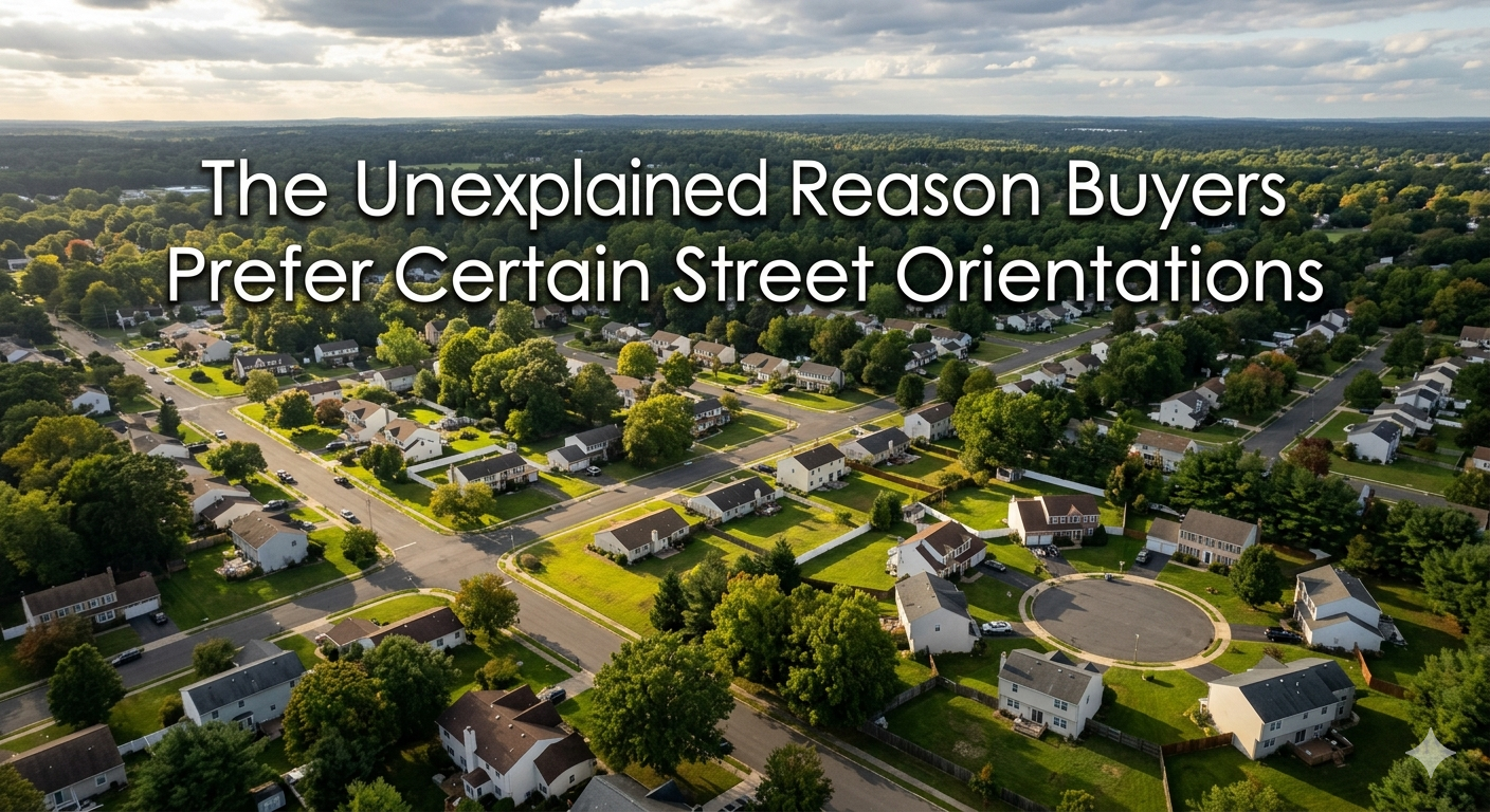 Aerial view of a South Jersey residential neighborhood showing homes positioned along different street orientations with sunlight illuminating select properties, illustrating how natural light, privacy, and lifestyle influence buyer preferences, overlaid with the text: “The Unexplained Reason Buyers Prefer Certain Street Orientations” 