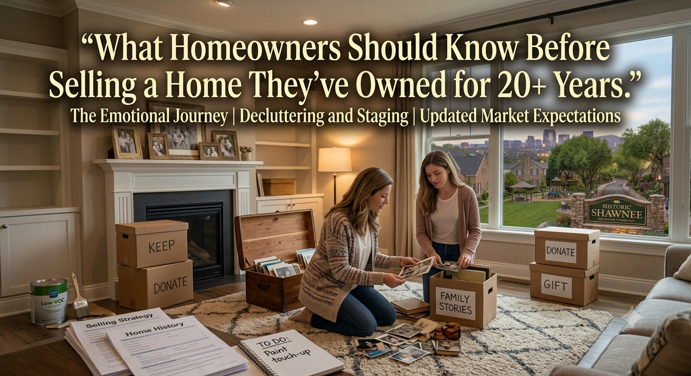 A longtime South Jersey homeowner preparing a well-maintained home for sale by organizing family photos, decluttering, and refreshing the interior, illustrating what homeowners should know before selling a home they've owned for more than 20 years, overlaid with the text: “What Homeowners Should Know Before Selling a Home They've Owned for 20+ Years.” 