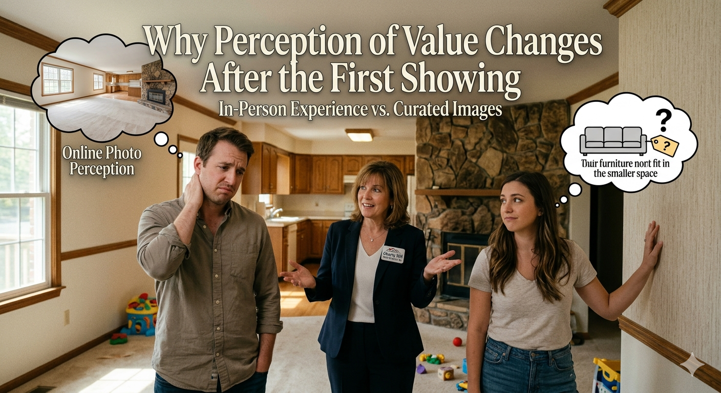 South Jersey home interior during a first showing with buyers reacting differently than expected from online photos, illustrating how in-person experience changes perceived property value, overlaid with the text: “Why Perception of Value Changes After the First Showing”