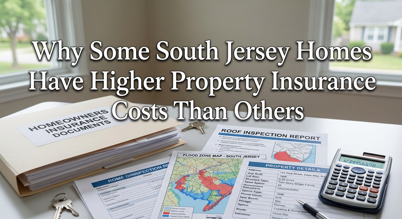 South Jersey home with homeowners insurance documents, a roof inspection report, flood map, calculator, and property details , overlaid with the text: “Why Some South Jersey Homes Have Higher Property Insurance Costs Than Others”